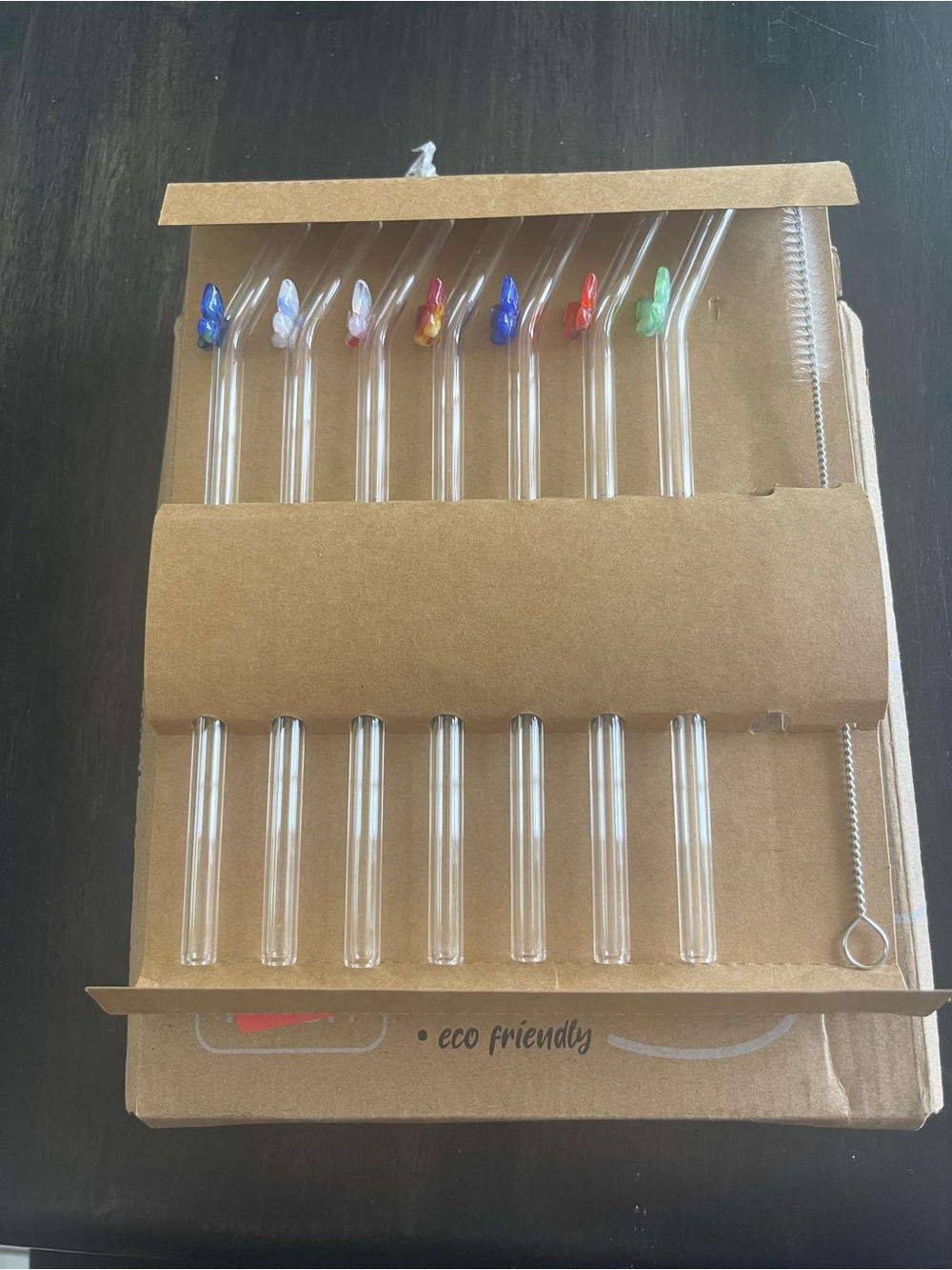 Set of 7 Glass Drinking Straws with Colored Butterfly Tips